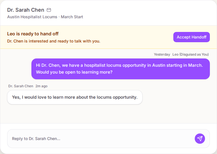 Fetch conversation with Leo handoff to recruiter